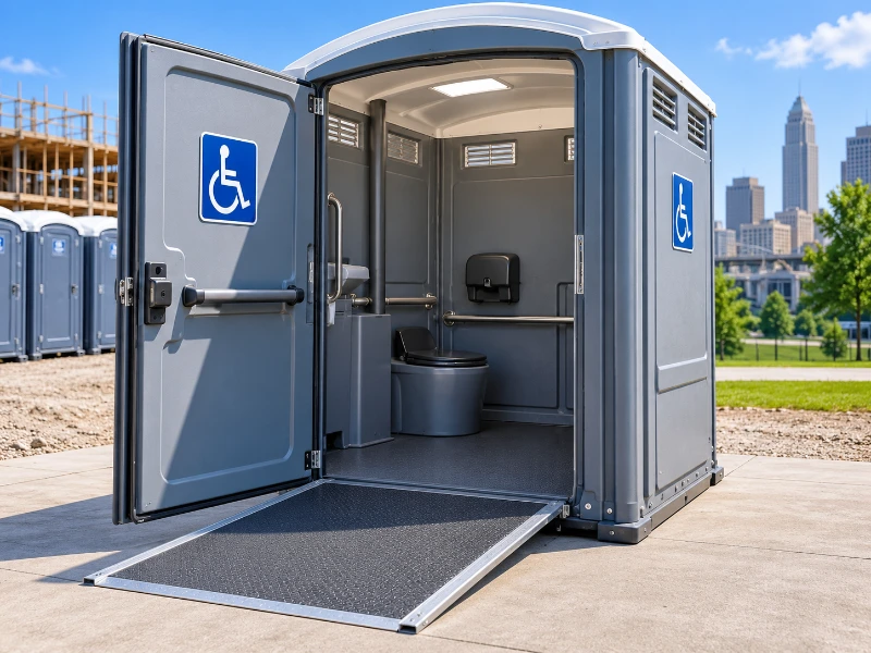 ADA-compliant portable toilet with wheelchair ramp and grab bars