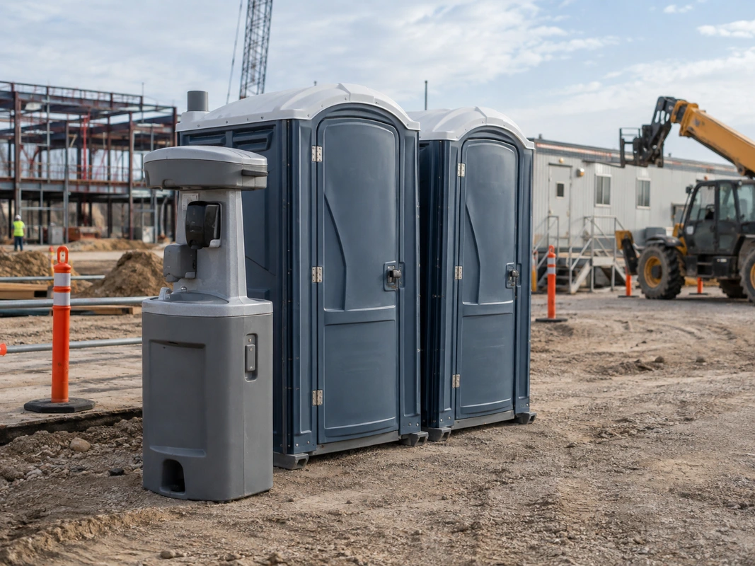 Accessible portable restroom with a ramp beside construction-site toilets