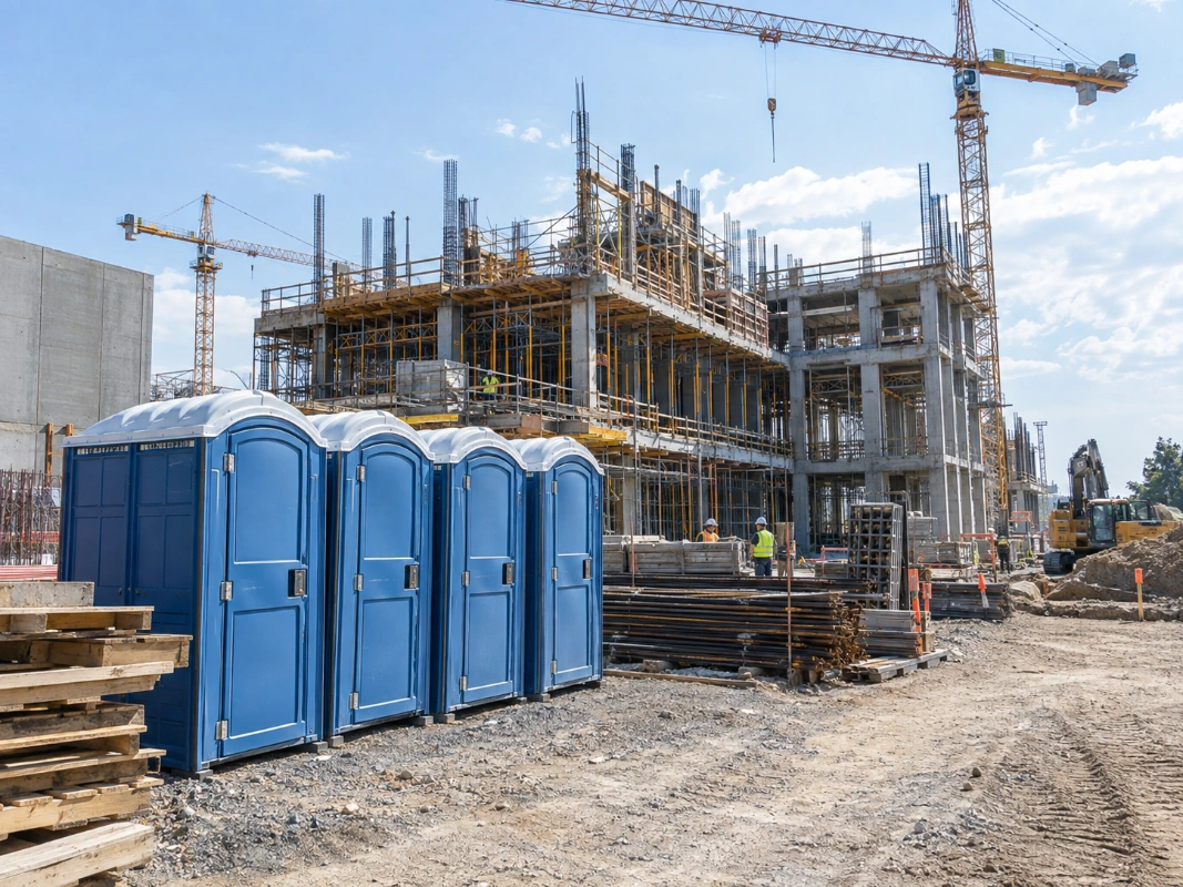 Blue portable toilets beside a multistory building under construction