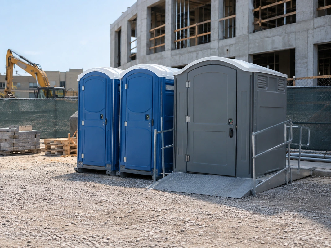 Portable toilets and a handwashing station at an active construction site
