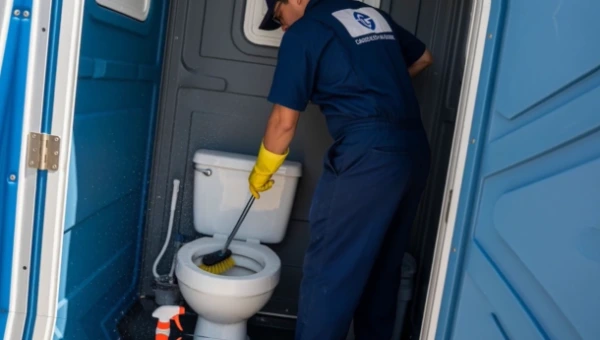 Portable restroom servicing Cleveland OH — technician sanitizing portable toilet unit at a local job site