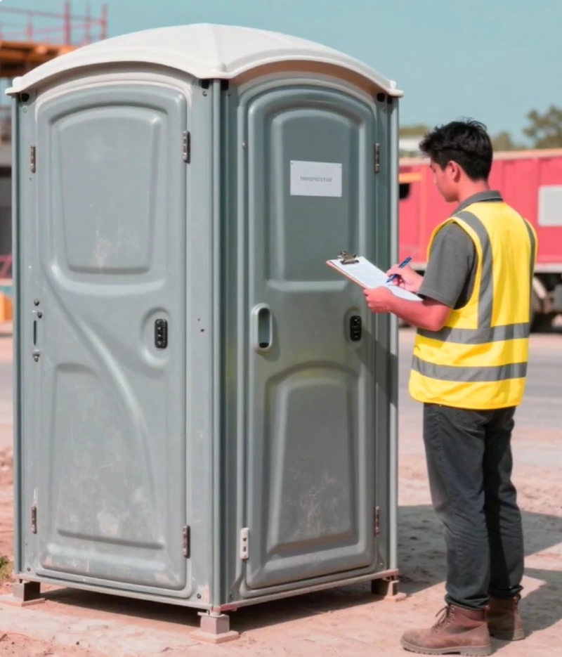 Construction site porta potty rental Cleveland OH — service technician inspecting portable toilet on jobsite