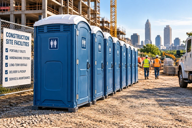 Long-term portable toilet rentals lined up at a construction site