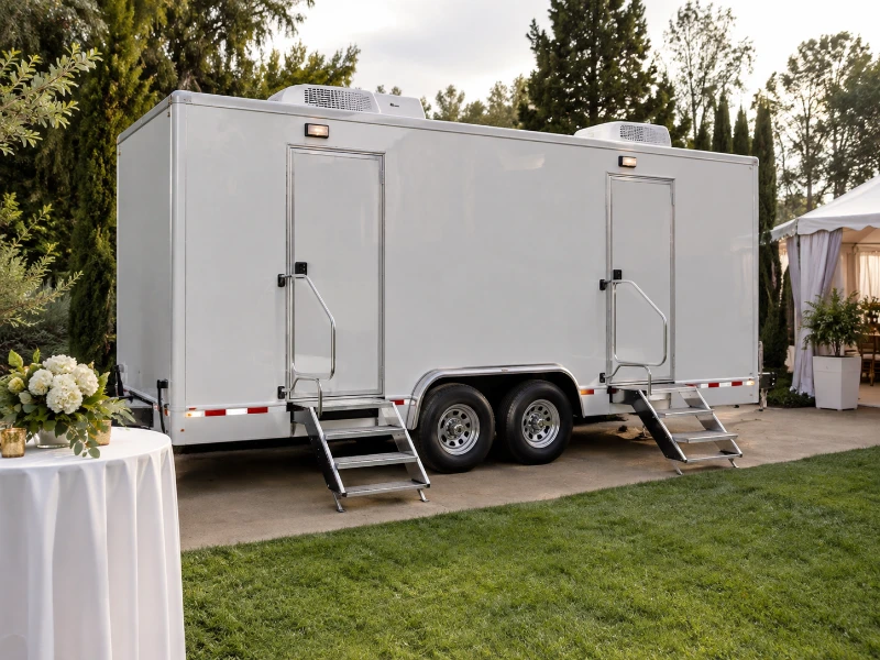 White restroom trailer rental for weddings and outdoor events