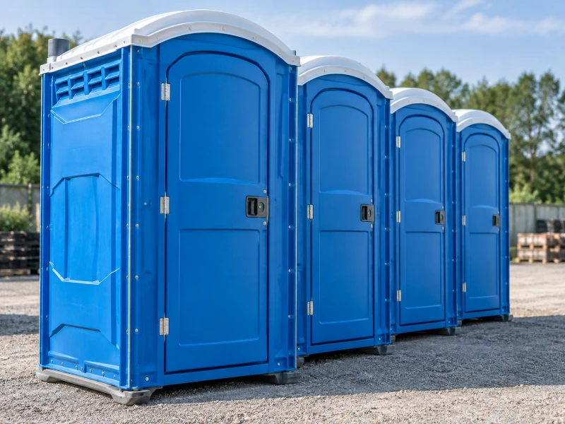 Standard portable toilets lined up for construction and outdoor event rentals